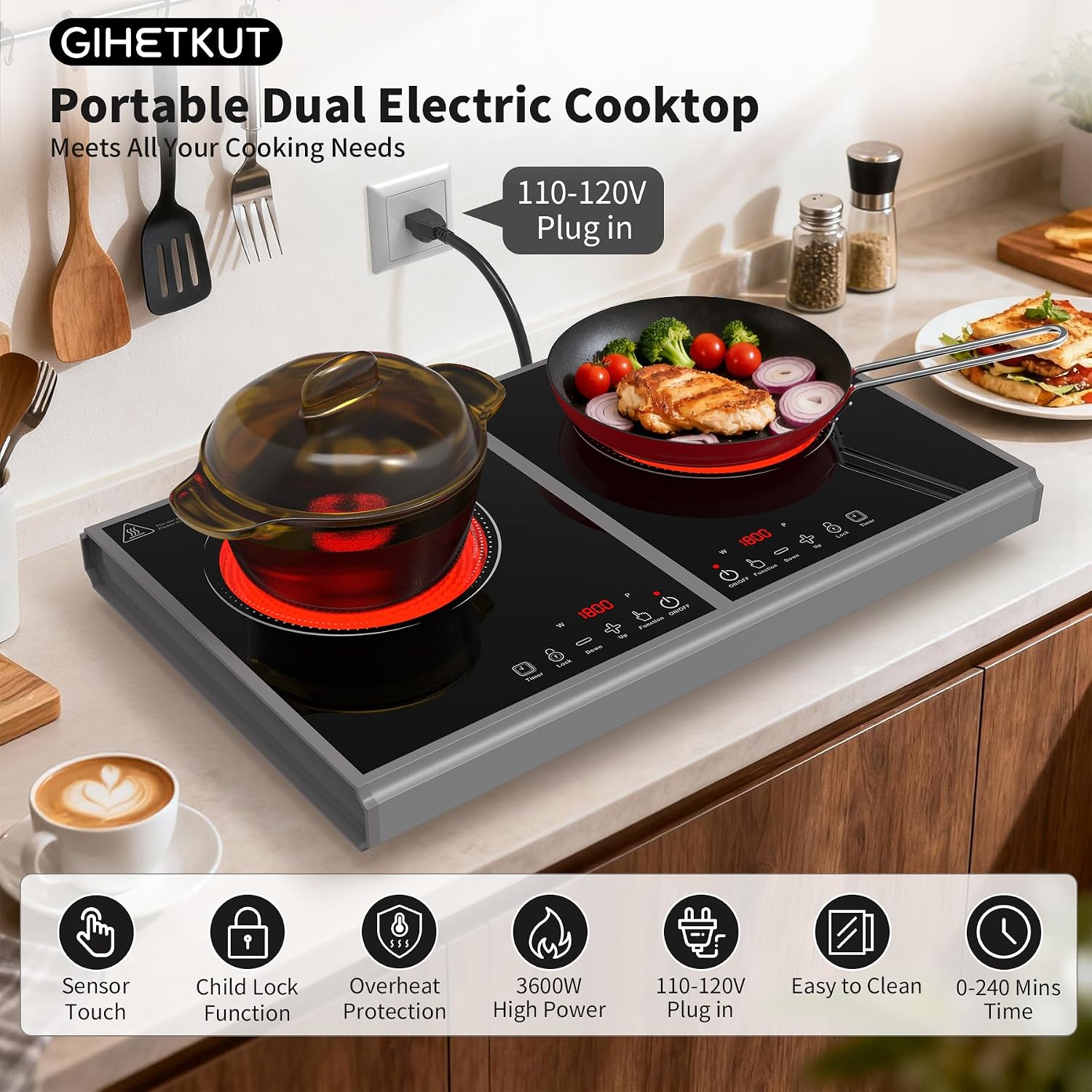 GIHETKUT Electric Cooktop,110V 3600W Stove top, 20 inch Countertop with 9 Power Levels,LED touch control,Overheat Protection,Child Safety Lock & Timer,touch control 2 burner Electric cooktop