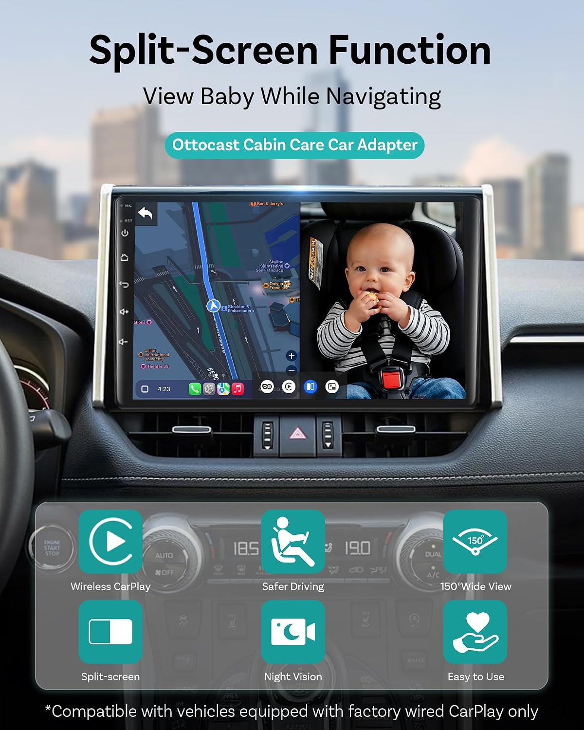 OTTOCAST Cabin Care Baby Car Camera with Wireless CarPlay Adapter, 1080P HD Baby Monitor with IR Night Vision, 150° Wide Angle, Real-Time Rear Seat View On Car Screen, Easy Install