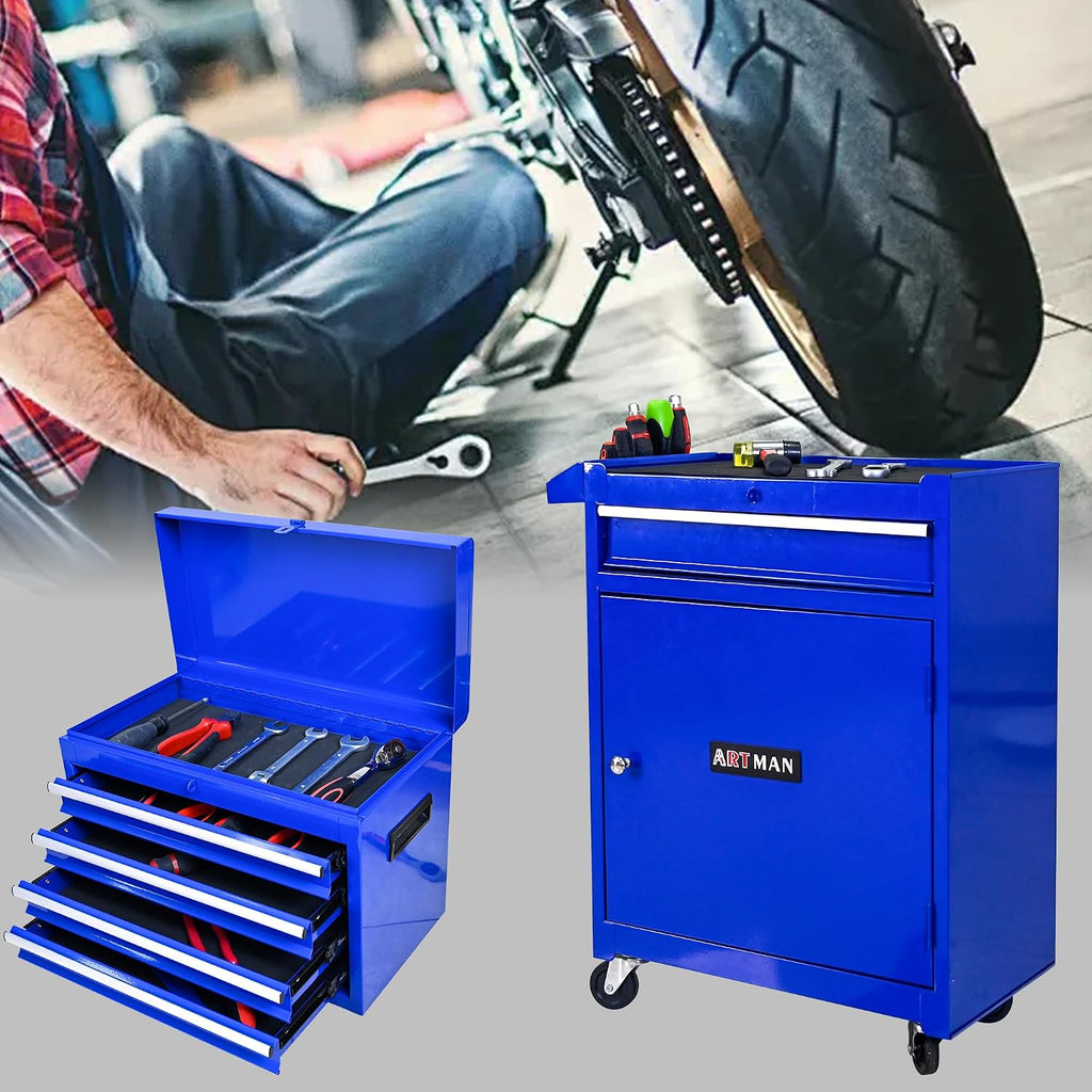 5-Drawer Tool Chest, Rolling Tool Box with Detachable Top Toolbox & Universal Wheels, Tool Cabinet with Lock Bar, Protective Liner & Tool Rack, Metal Storage Cart for Garage,Workshop (Blue)