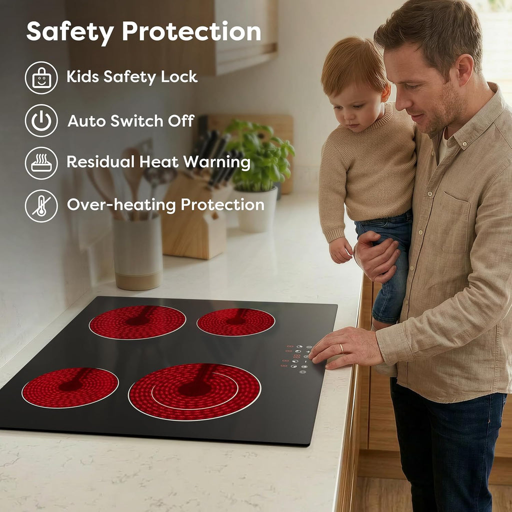 CDV Electric Cooktop 4 Burner 24 Inch, 6400W Built-in Ceramic Electric Stove Top, 220-240v Radiant Cooktop with 9 Heat Levels, 99min Individual Timer, Child Lock & Multiple Safety Protection (No Plug)