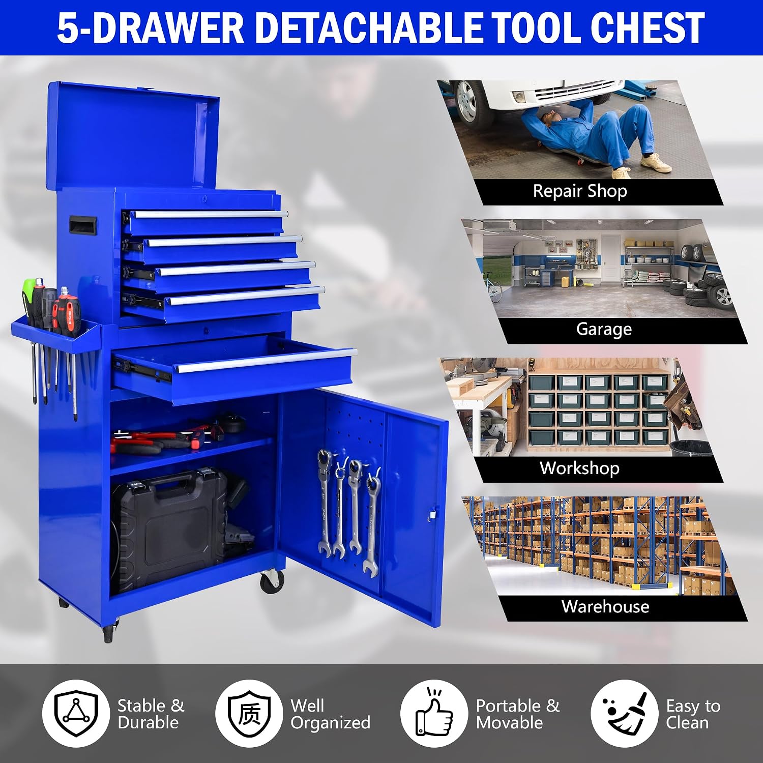 5-Drawer Tool Chest, Rolling Tool Box with Detachable Top Toolbox & Universal Wheels, Tool Cabinet with Lock Bar, Protective Liner & Tool Rack, Metal Storage Cart for Garage,Workshop (Blue)