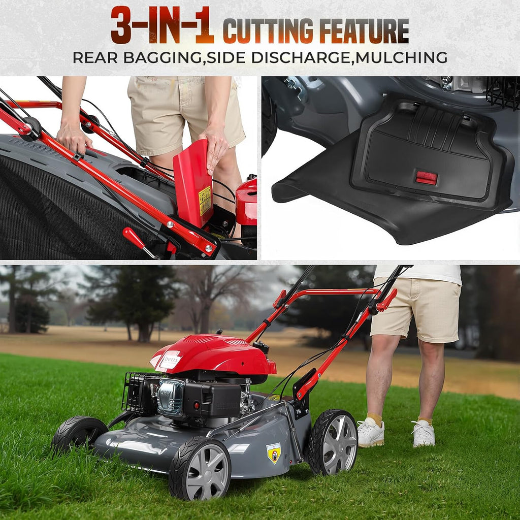 3 in 1 Gas Lawn Mower Self Propelled,173cc OHV Engine with Air Cooling, 20' Steel Deck,8-Level Height Adjustment, 60L Grass Catcher, Foldable Design for Yard Patio Lawn Red (US Fast Arrival