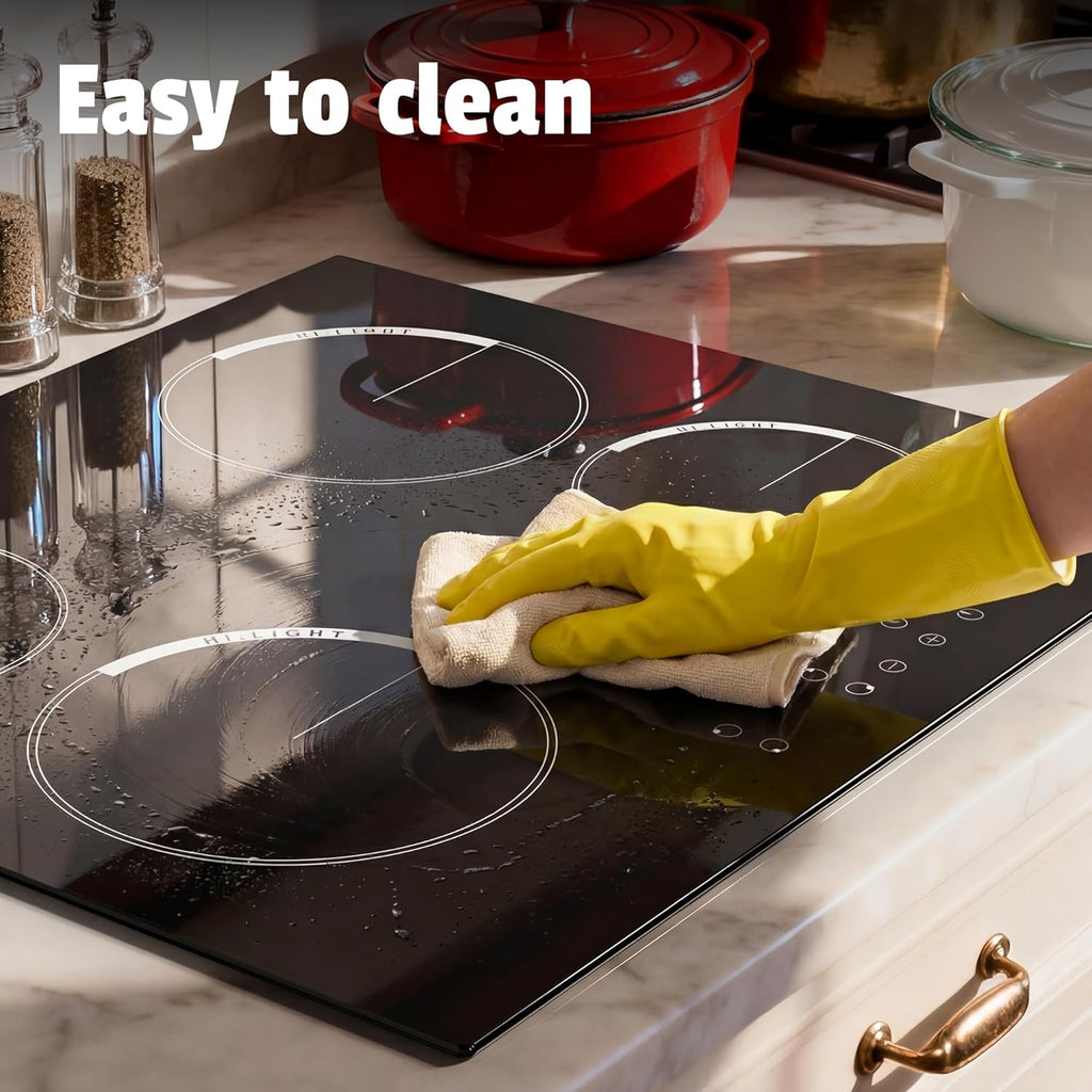 Electric Cooktop 24 Inch, 4 Burner Electric Stove Top Drop-in(22.05'x19.3') 220V-240V, 24 Inch large Ceramic Stovetop with Ceramic Glass, Timer, Kids Safety Lock, 220V Hard Wired (No Plug)
