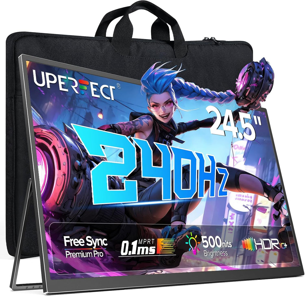 UPERFECT 24.5' Portable Monitor 240Hz Gaming Monitor 2000:1 Contrast FreeSync 0.1ms Fast IPS Large Screen, Built-in 180° Adjustable Stand/VESA, USB-C HDMI Second Screen for Laptop, Phone, Game Console
