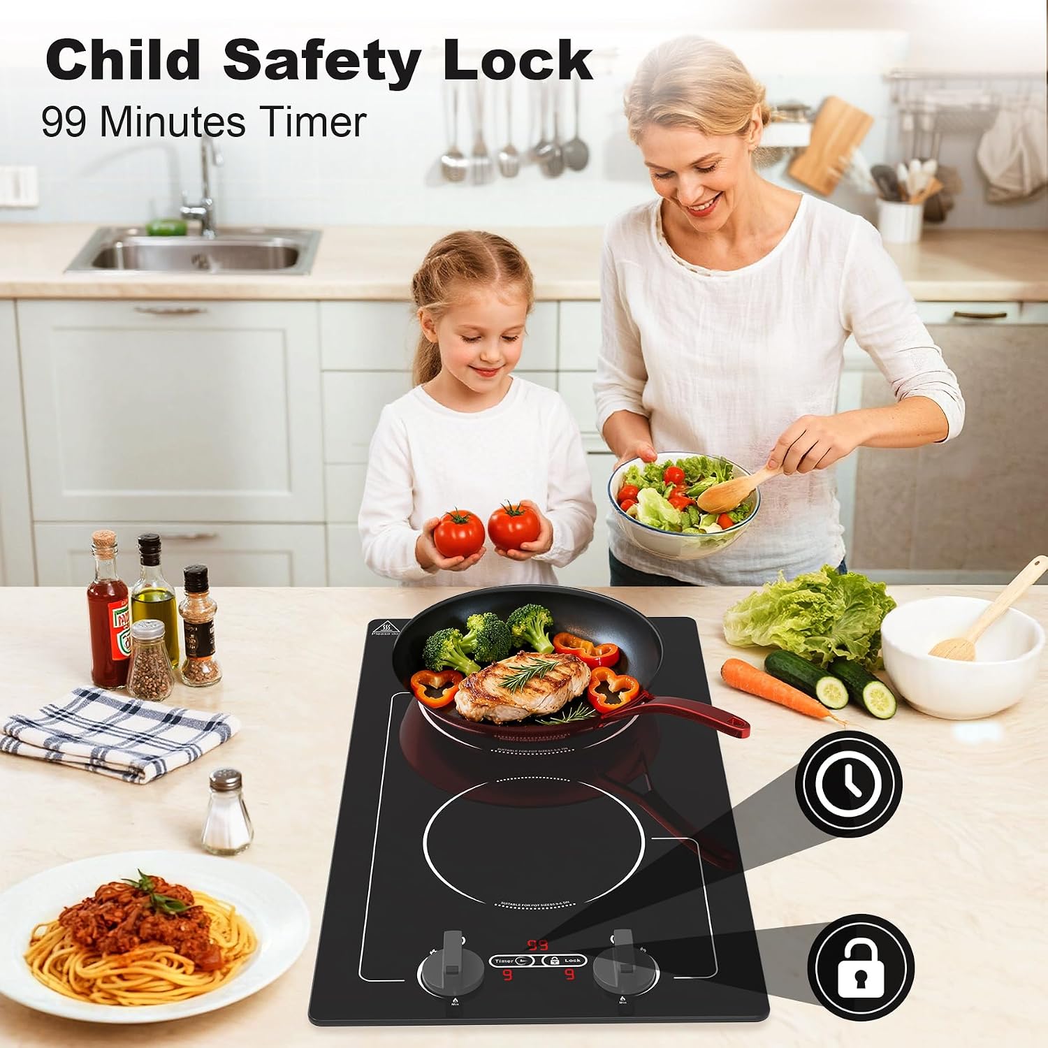 VBGK Induction Cooktop,110V 2300W 2 burner hot plate with Knob Control,9 Power Levels, Kids Lock & Timer,LED touch control,Overheat Protection Electric stove,2 burner induction cooktop