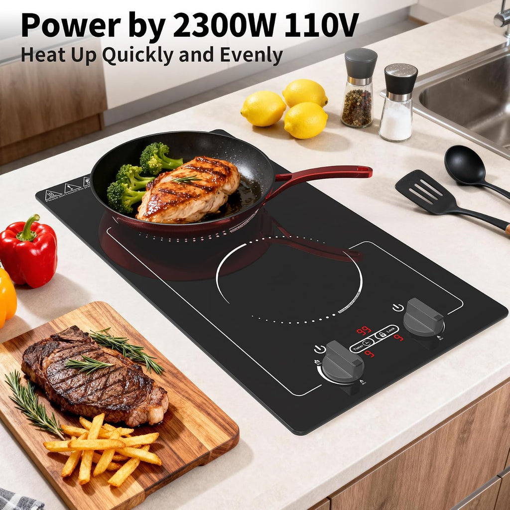 GIHETKUT Double Induction Cooktop, 110V 2300W hot plate with LED Touch Screen, 9 Power Levels, Kids Lock & Timer, Overheat Protection, knob and touch control 2 burner Induction cooktop