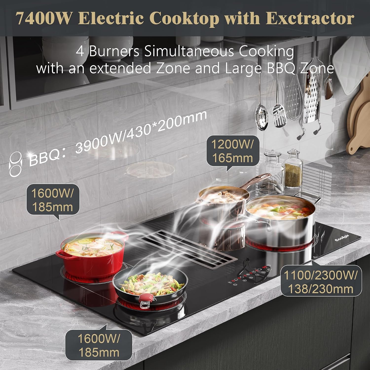 36 Inch Electric Cooktop with Downdraft - 4 Burner Built-in Electric Stove 7400W, 36 Inches Ductless Recirculating Downdraft, Timer, Safety Lock, BBQ Bridge Burner, Recirculating Air Vent