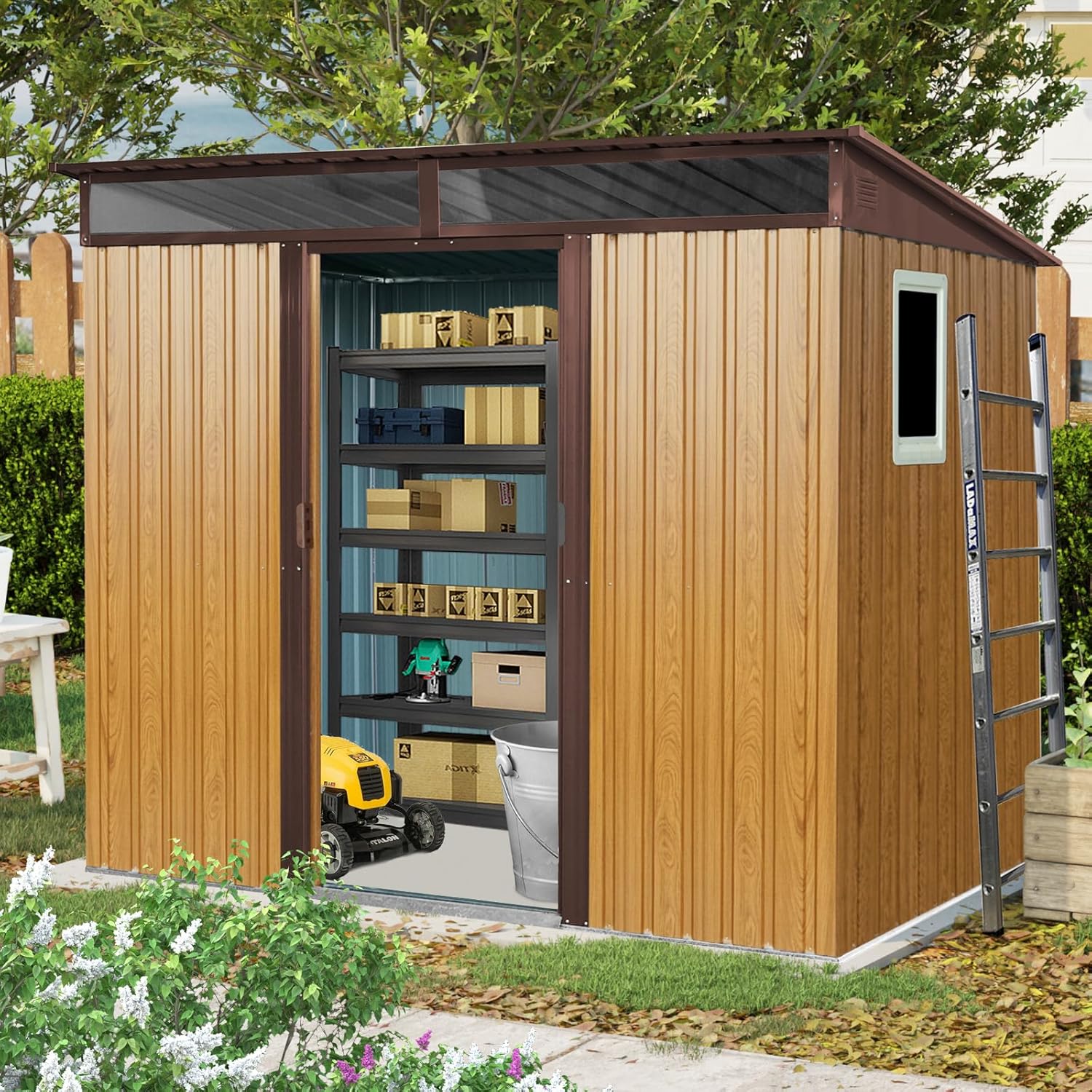 6x8 FT Outdoor Storage Shed, Metal Garden Shed with Frame Floor, Outside Tool Shed with Window, Waterproof Storage Building with Lockable Sliding Doors & Sloped Roof for Backyard, Patio, Lawn, Coffee
