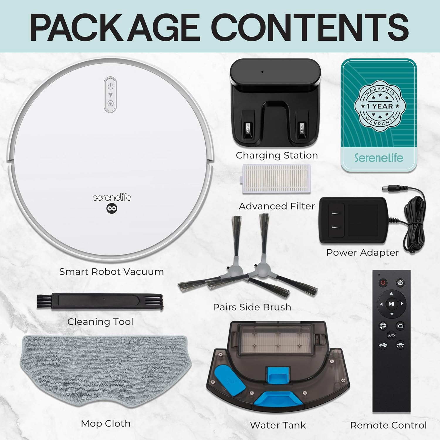 SereneLife Automatic Robot Vacuum Cleaner and Mop Combo, Pro Edition with Upgraded Battery, Extreme Suction, Internal Water Tank - Smart App Control, Ideal for Pet Hair, Carpet and Hard Floors, White