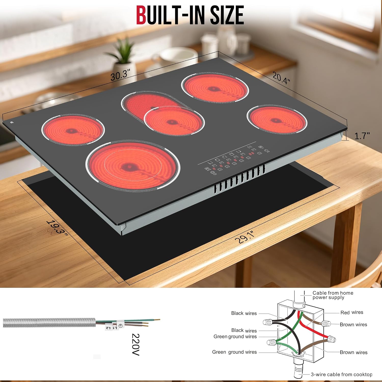 30 Inch Electric Cooktop 5 Burner, 8400W Built-in Electric Stove Top, 30' Ceramic Cooktop with Expanded Zone, Touch Control, Timer, Pause Control, Safety Lock, 220-240V, Hard Wire, No Plug