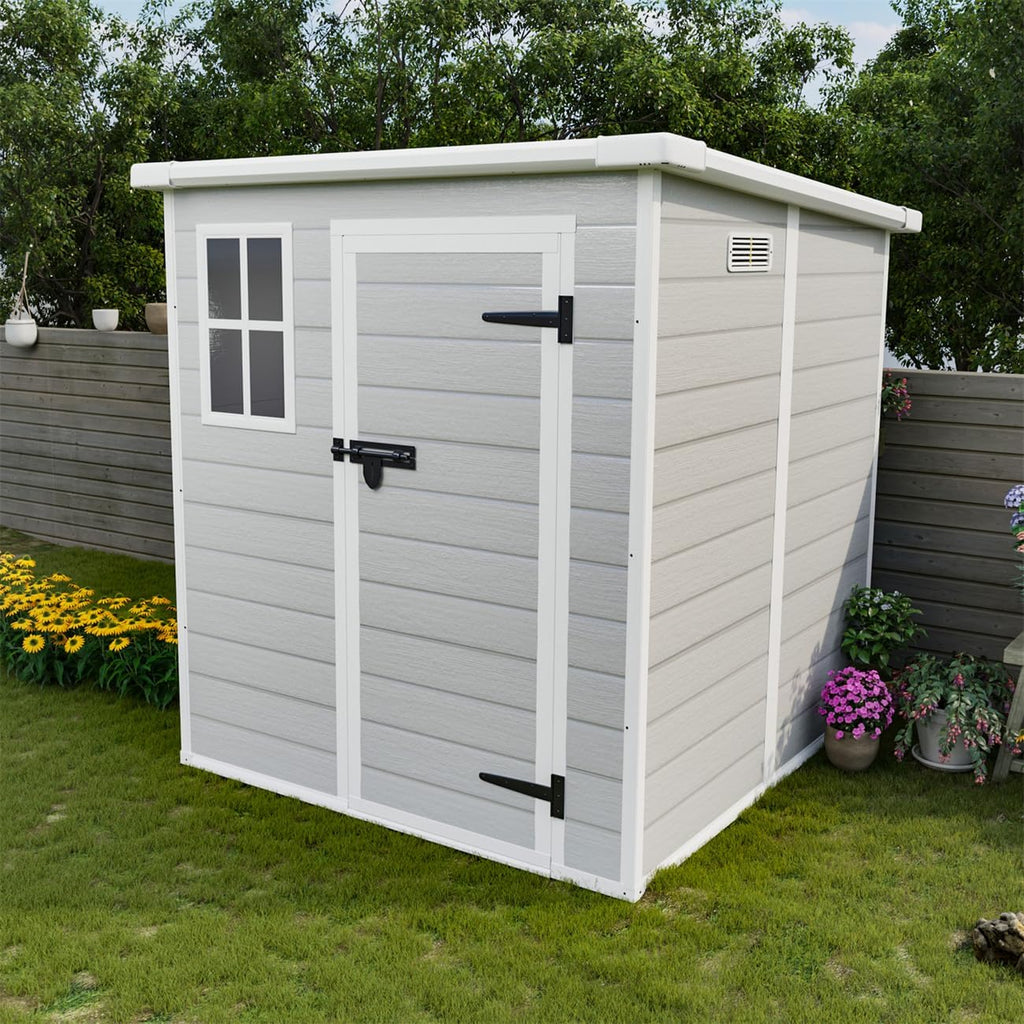 6 x 6 FT Storage Shed, Waterproof Resin Outdoor Storage Shed with Floor & Window & Lockable Doors and Vents, Tool Shed for Bike, Garden, Backyard, Lawn, All Weather Use, Light Grey