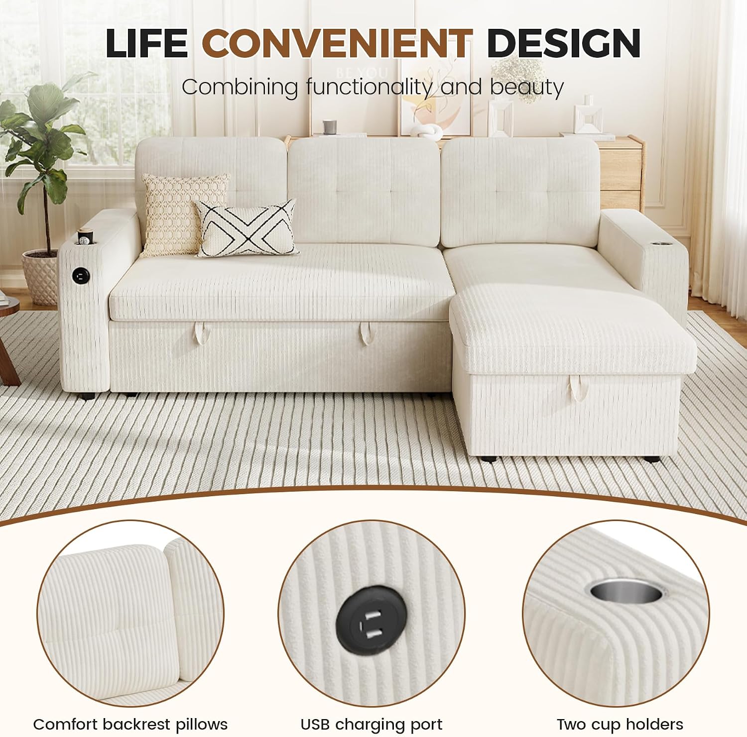 Luxanimarion 83'' Pull Out Sofa Bed, 2 in 1 Convertible Sleeper Sofa Couch with Storage Chaise & USB Charging, Comfy Corduroy Modular Couches for Living Room Apartment,Beige 1 PCS