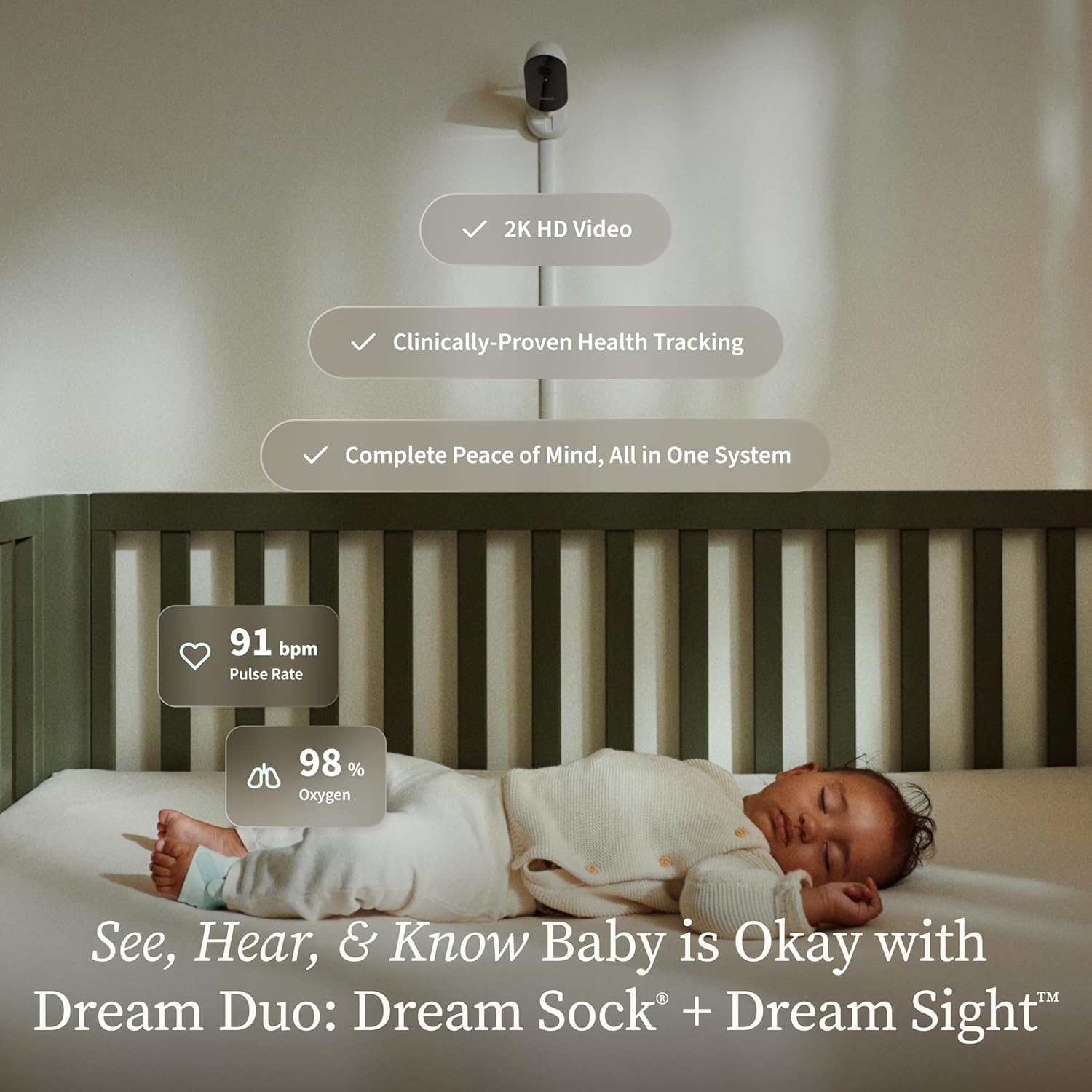 Owlet Dream Duo (Gen 3) Smart Baby Monitor All-in-One Bundle - 2K HD Video Baby Monitor with Alerts & Owlet Dream Sock Tracks Baby's Oxygen, Heart Rate & Sleep | Health Insights via App