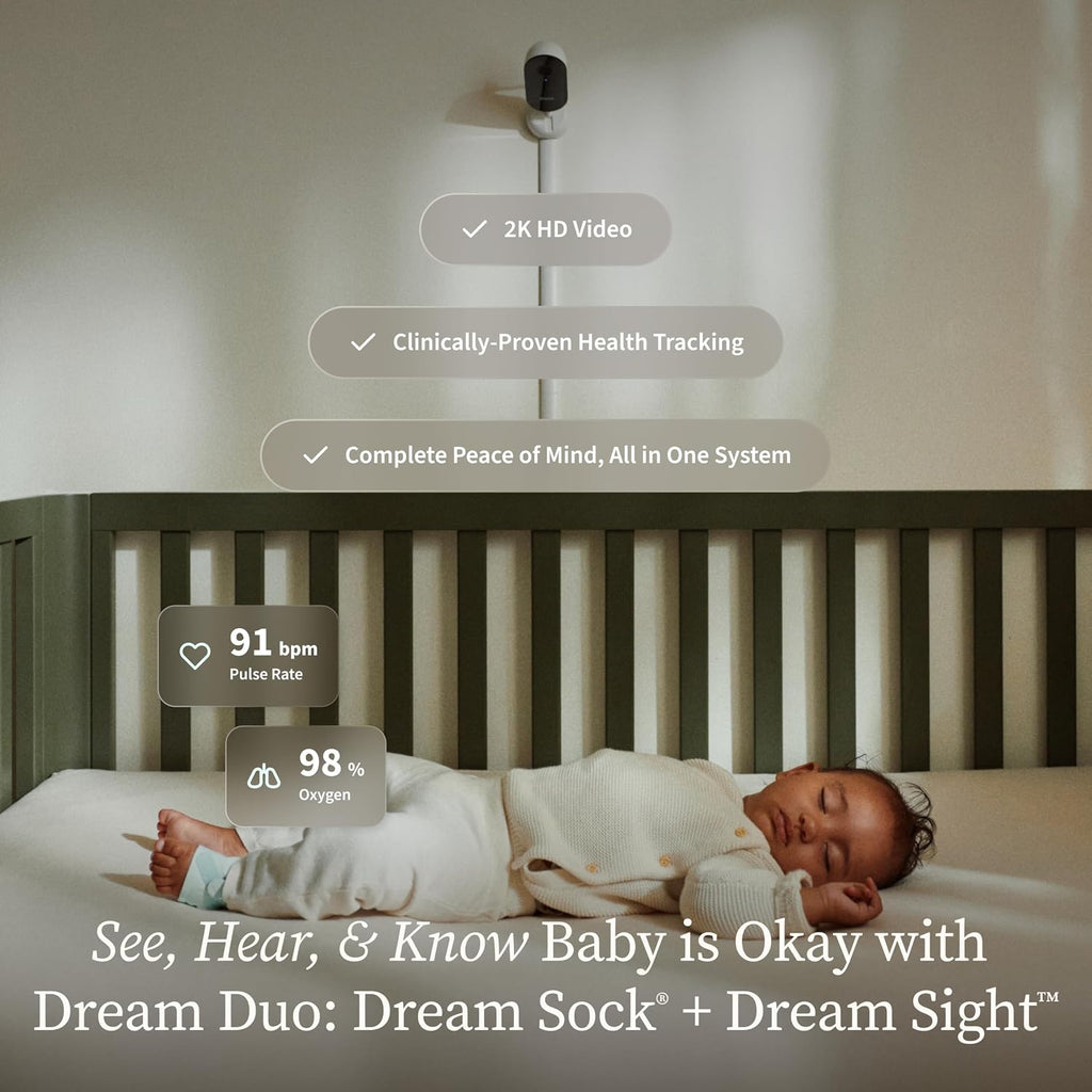 Owlet Dream Duo (Gen 3) Smart Baby Monitor All-in-One Bundle - 2K HD Video Baby Monitor with Alerts & Owlet Dream Sock Tracks Baby's Oxygen, Heart Rate & Sleep | Health Insights via App