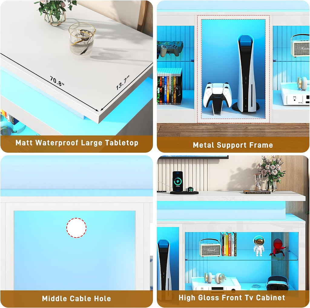 71' LED TV Stand with Power Outlet,60-Colors LED Lights For 65 70 80 in TV,High Gloss Gaming Entertainment Center w/Adjustable Shelves,White TV Console with Modern Design for Living Room Bedroom