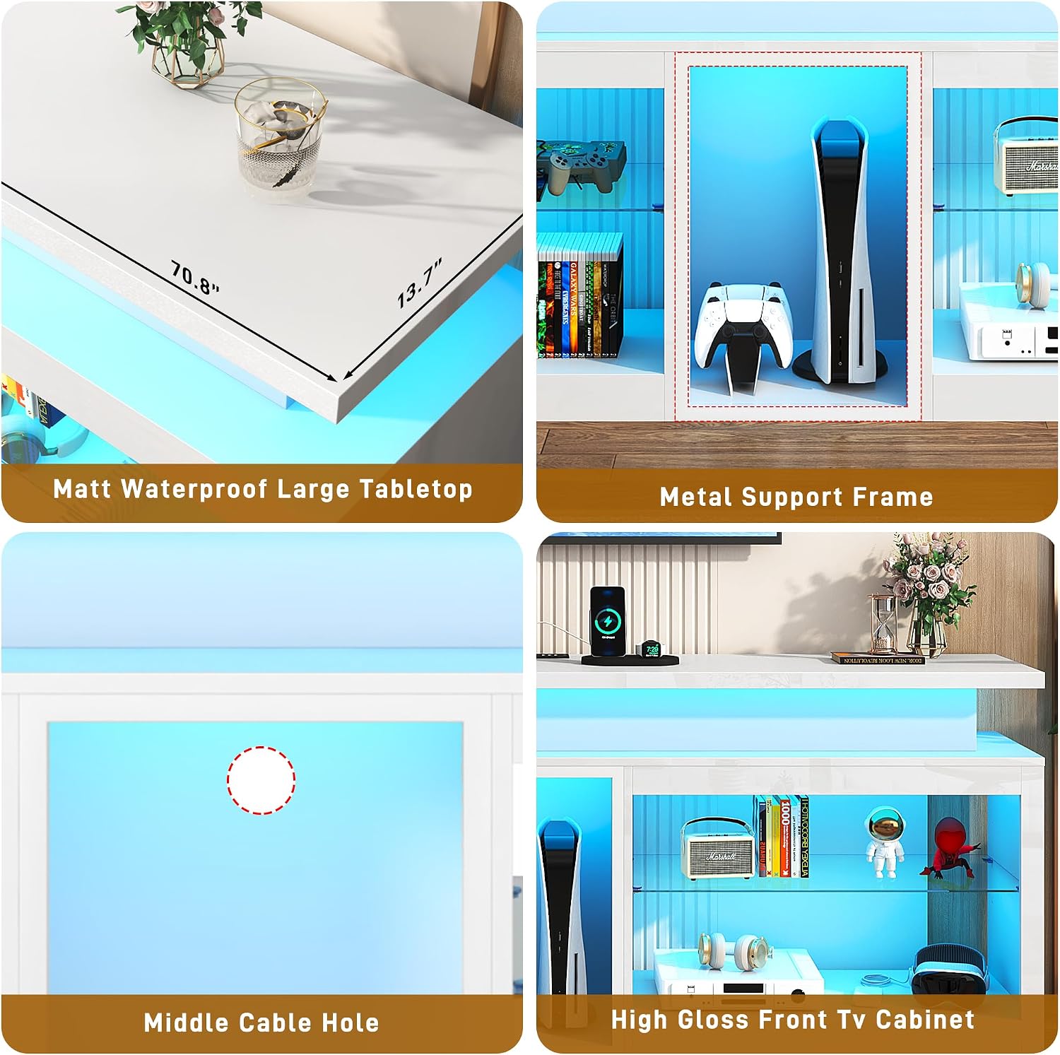71' LED TV Stand with Power Outlet,60-Colors LED Lights For 65 70 80 in TV,High Gloss Gaming Entertainment Center w/Adjustable Shelves,White TV Console with Modern Design for Living Room Bedroom