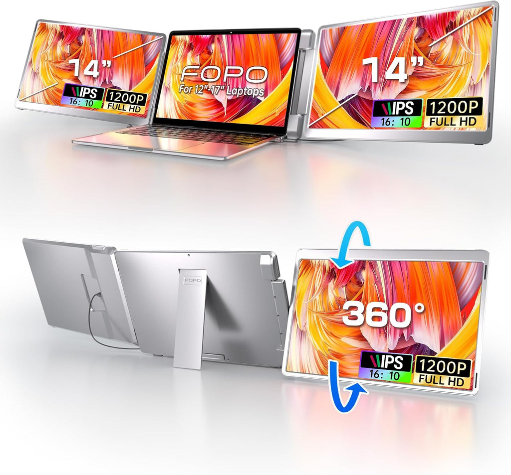 14' Triple Monitor Laptop Screen Extender- FHD 1200P 16:10 Laptop Screen Extender, Left Screen 360° Flip Portable Monitor for 12-16.5' Laptops with HDMI/USB-C, Plug & Play - S7