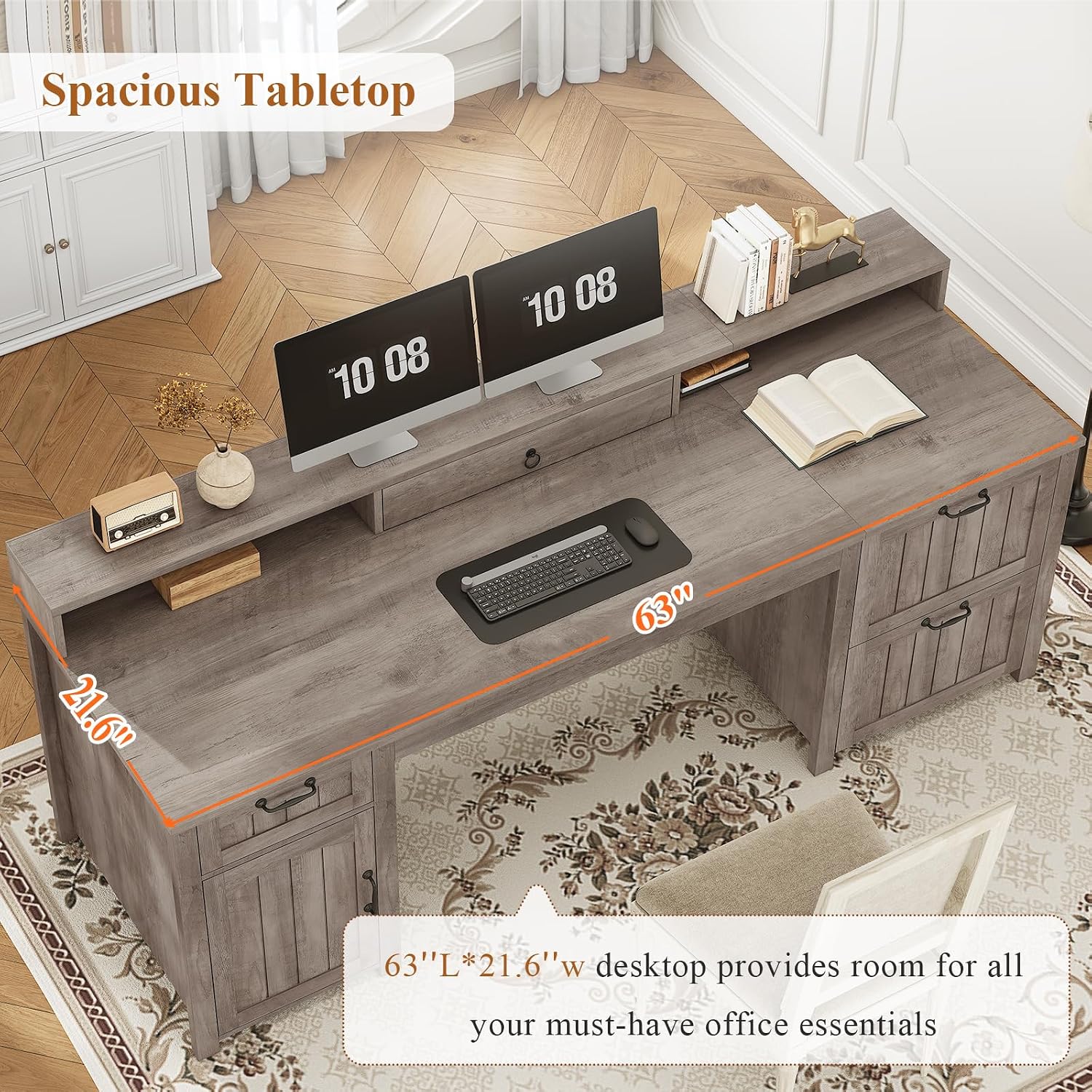 SEDETA Farmhouse 63' Executive Desk, Wood Computer Desk with Drawers and Storage Cabinet, Home Office Desk with File Drawer and Monitor Stand, Wood Desk for Work Study Writing, Grey