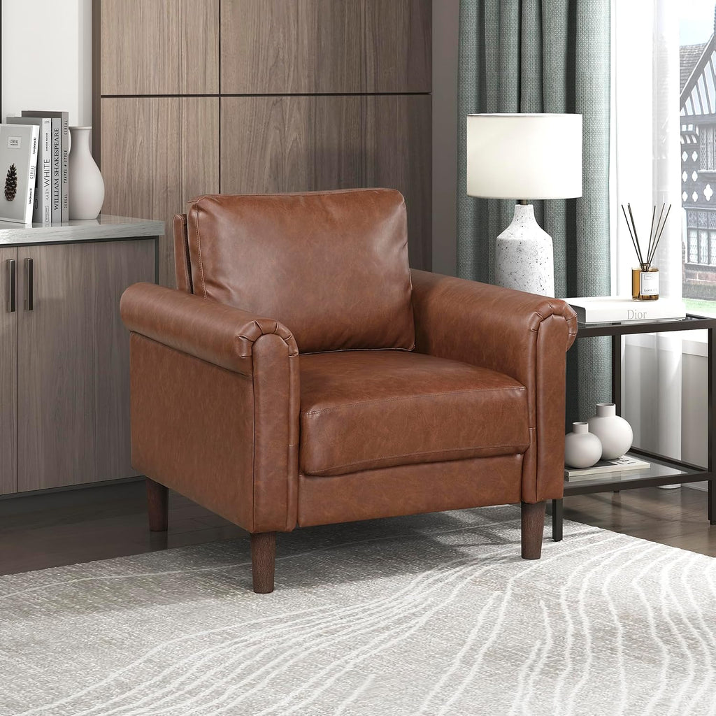 Lexicon 35' W Living Room Accent Chair, Faux Leather Upholstered Armchair with Rolled Arms & Wood-Look Feet, Traditional Single Sofa Chair for Living Room, Bedroom or Office - Chocolate