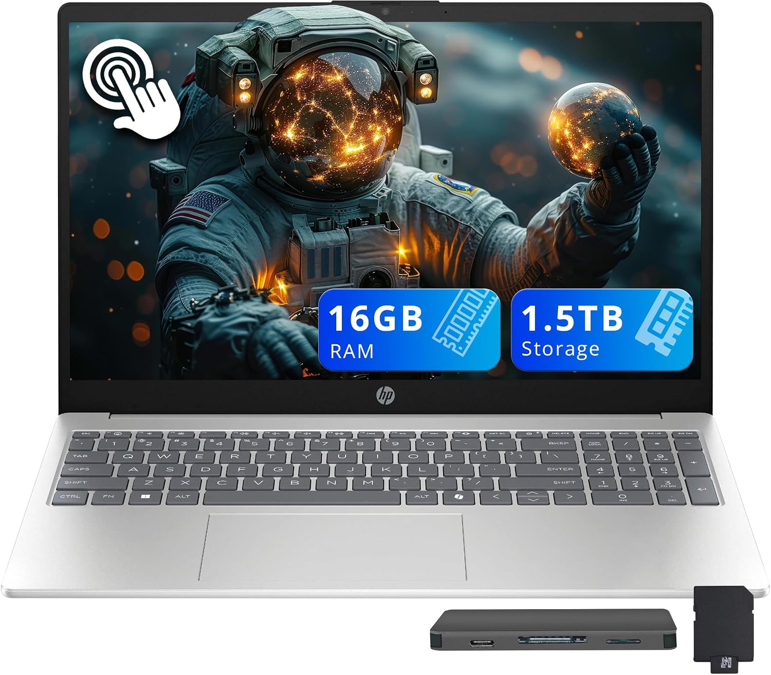 HP 15.6' FHD Touchscreen Laptop, Intel i5-1334U, 16GB DDR4 RAM, 1.5TB Storage (512GB SSD+1TB Docking Station Set), Intel Graphics, Copilot AI, Num Pad, Webcam, Wi-Fi 6, Win 11, Silver