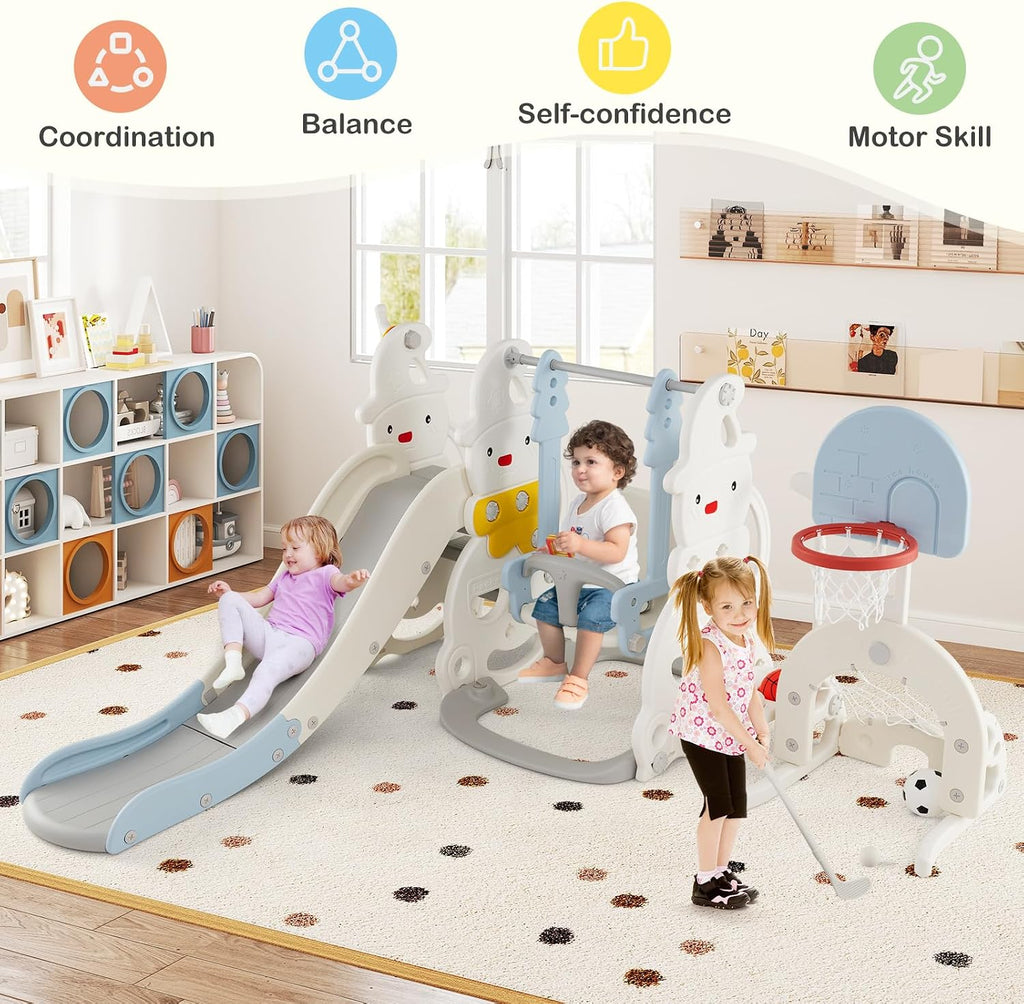 Costzon Toddler Swing and Slide Set, 7 in 1 Toddler Slide for Kids w/Height Adjustable Basketball Hoop & Swing, Climber, Golf, Soccer, Ring Tossing, Freestanding Indoor Playground for Girls & Boys