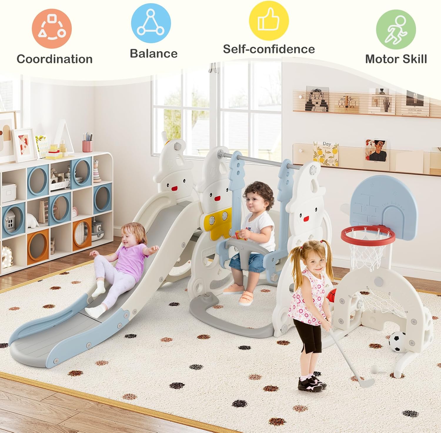 Costzon Toddler Swing and Slide Set, 7 in 1 Toddler Slide for Kids w/Height Adjustable Basketball Hoop & Swing, Climber, Golf, Soccer, Ring Tossing, Freestanding Indoor Playground for Girls & Boys