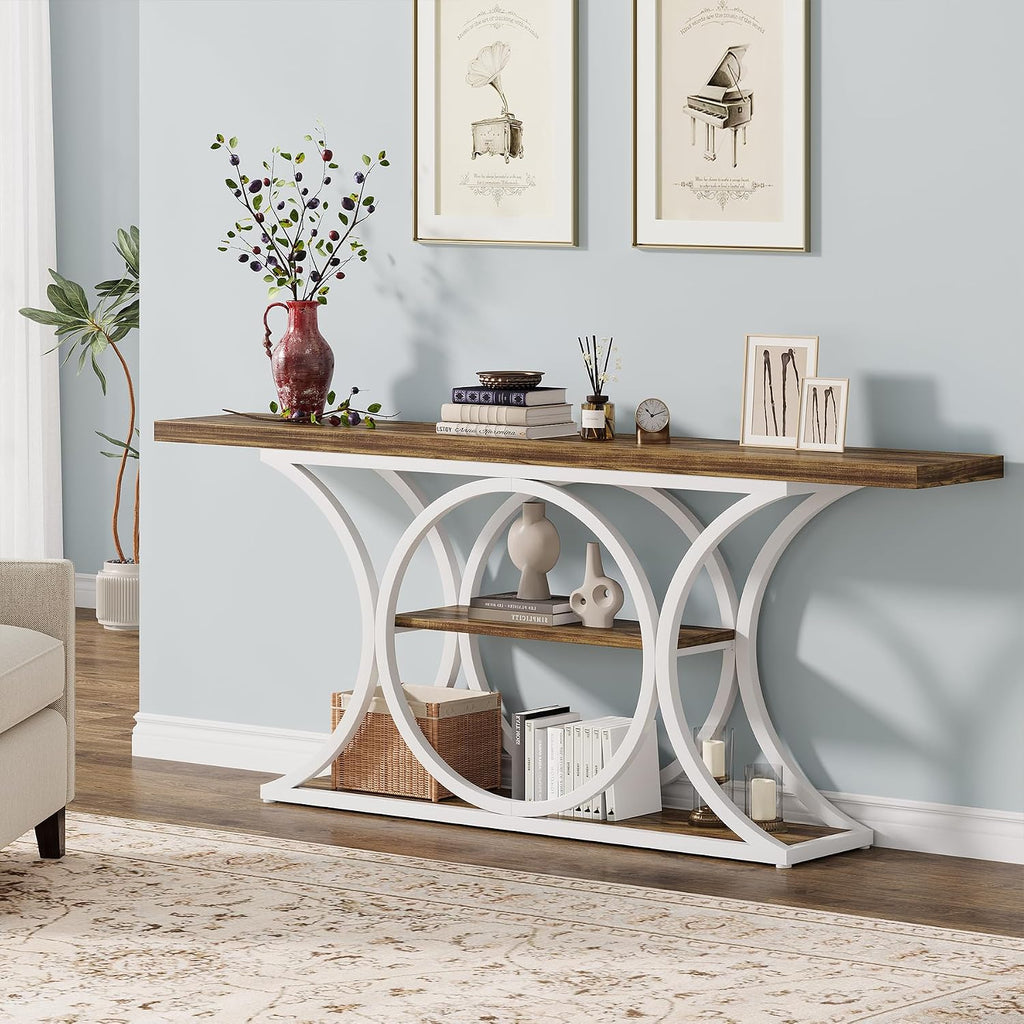 63 inch Extra Long Sofa Table, Rustic Industrial Entry Console Table, Behind Couch Table with Black Metal Frame, 3 Tier Storage Shelves for Hallway, Entryway & Living Room, Light Brown & White