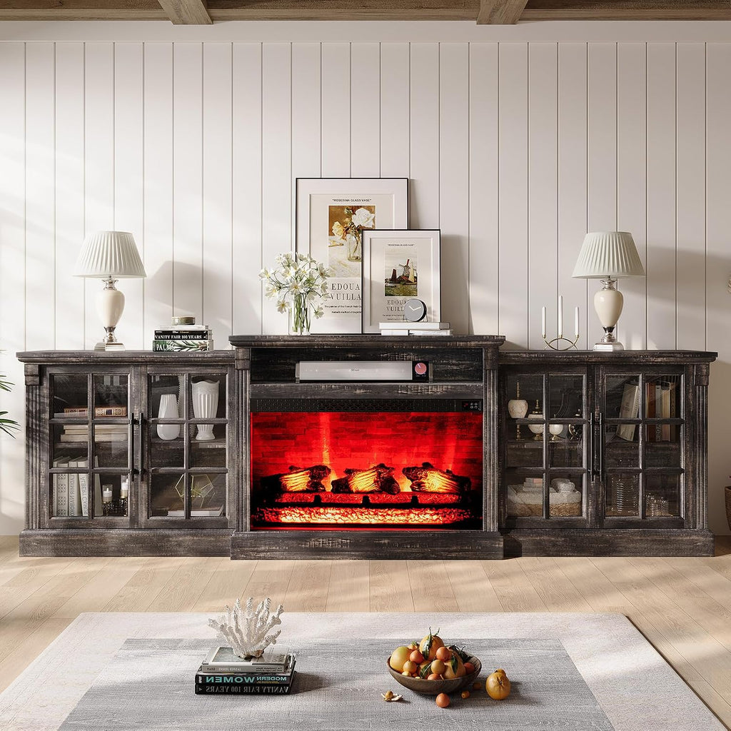 LUXOAK 97' Farmhouse TV Stand with 33' Fireplace for TVs up to 100', Media Entertainment Center with Large Storage Cabinet and Adjustable Shelves for Living Room, Rustic Black