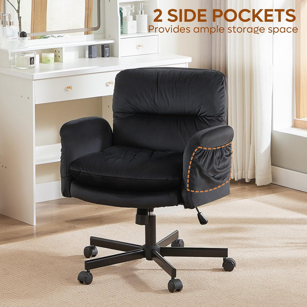 Bestier Criss Cross Office Chair with Flip-Up Armrests, Swivel Makeup Vanity Chair with Wheels & Side Pockets, Cross Legged Office Chair for Home Office, Bedroom, Black Velvet