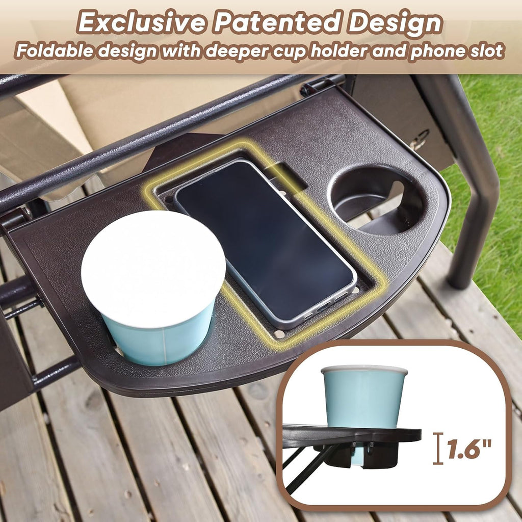 ZZW 3 Seat Outdoor Porch Patio Swing with Stand 800lbs 2-in-1 Convertible Swing Bed with Adjustable Canopy & Removable Cushion for Yard Garden Deck (Khaki, Round Tube)