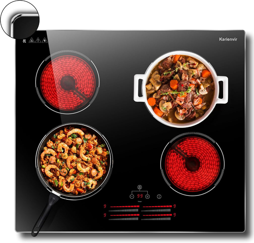 4 Burner Electric Cooktop 24 Inch, 6000W Cooktop Electric Slide Controls, Built in Electric stove top, Glass Protection Metal Frame, 9 Power Levels, Safety Lock, Timer, 240V Hard Wire(No Plug)