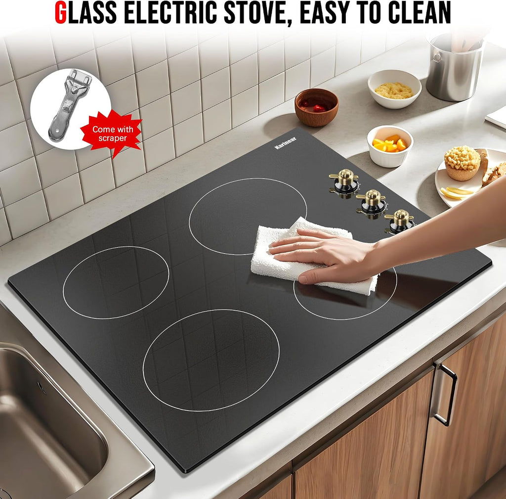 Karinear 4 Burner Electric Cooktop 24 Inch, Built-in Stove Top, 220-240v Radiant Cooktop with Knob Control, Residual Heat Indicator, Over-Temperature Protection, Hard Wire, Gold Knob