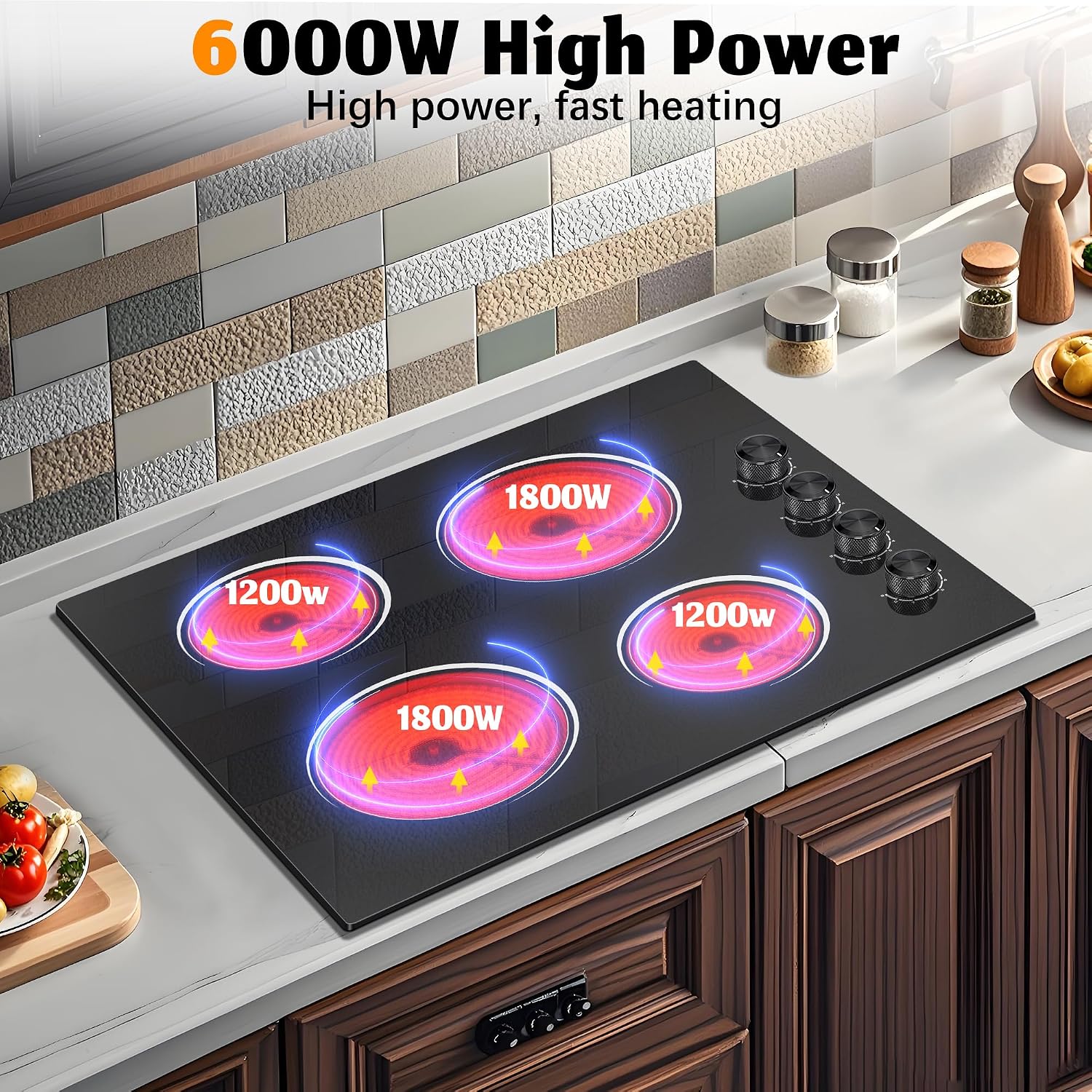 4 Burners Electric Stove Top with Knob Control,24 Inch,6000W Built-in Radiant Electric Cooktop, 9 Power Levels, Hot Warning, 220V Hard Wire(No Plug)