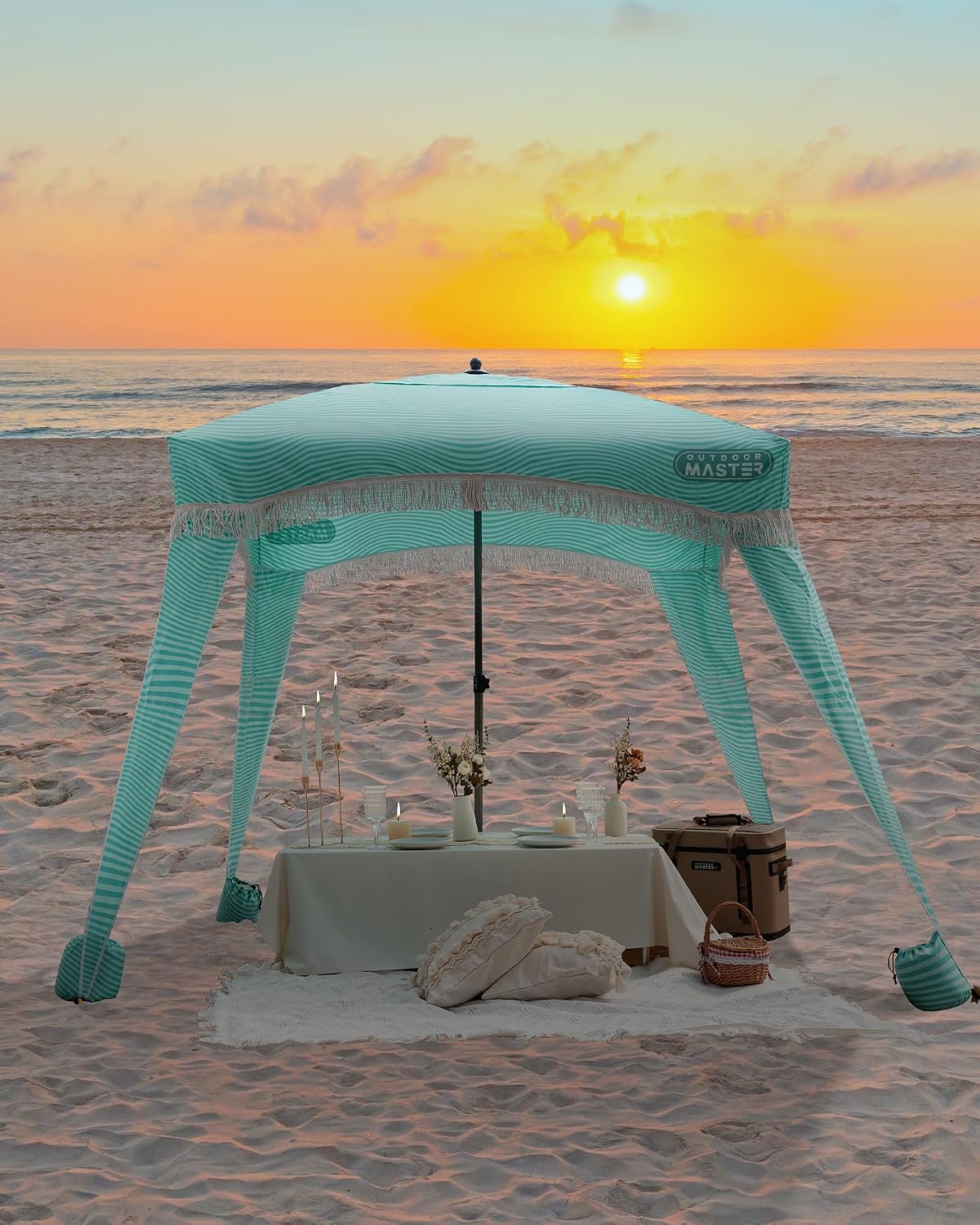 OutdoorMaster Beach Cabana with Fringes, Portable 6' x 6' Beach Canopy for Sand, Easy Set Up Beach Shelter, Included Side Wall, UPF 50+ UV Protection Sun Umbrella - for Family & Friends