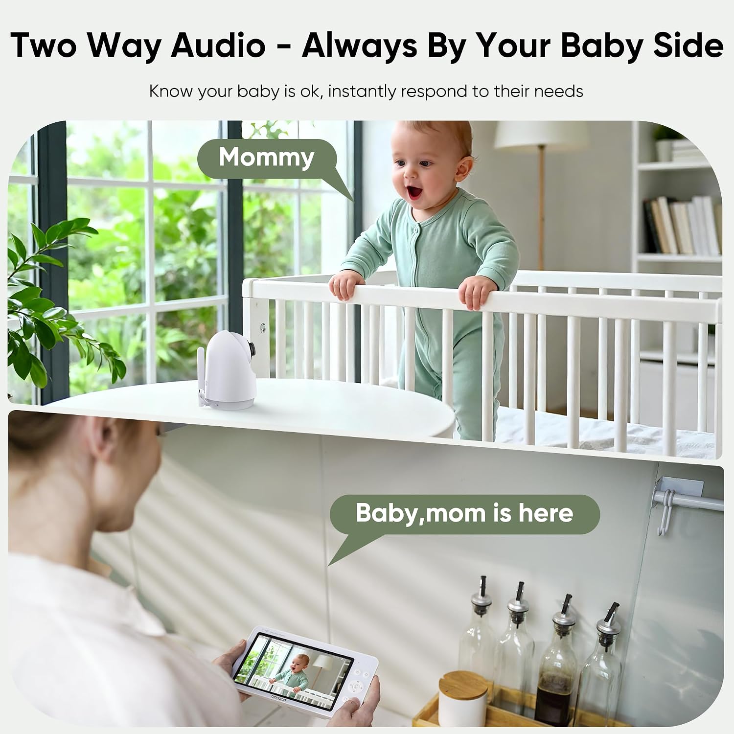 bonoch Upgraded 1080P Baby Monitor with 2 Cameras, 7' MegaView Split Screen Baby Monitor No WiFi, Dual Video Monitor with Camera and Audio, 6000mAh, White Noise, 2 Way Audio, PTZ, Night Vision