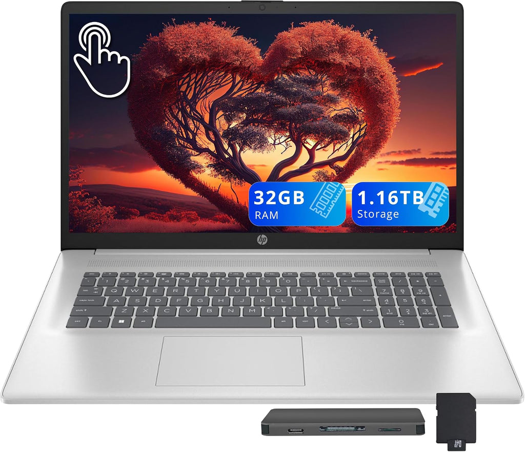 HP 17.3' HD+ Touchscreen Laptop, AMD Ryzen 5 7430U, 32GB RAM, 1.16TB Storage (1TB SSD+160GB Docking Station Set), AMD Radeon Graphics, Numeric Keypad, Wi-Fi 6, HD Webcam, Windows 11 Home, Silver