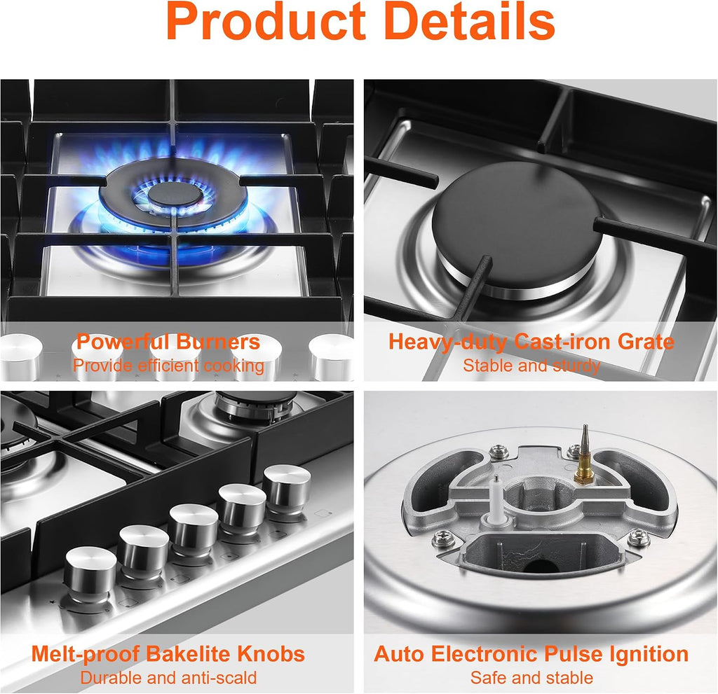 Eascookchef 30 inch Gas Cooktop, Gas Stove Top with 5 High Efficiency Burners, Bulit-in Stainless Steel Propane Cooktop for Kitchen, NG/LPG Convertible Stovetop, Thermocouple Protection