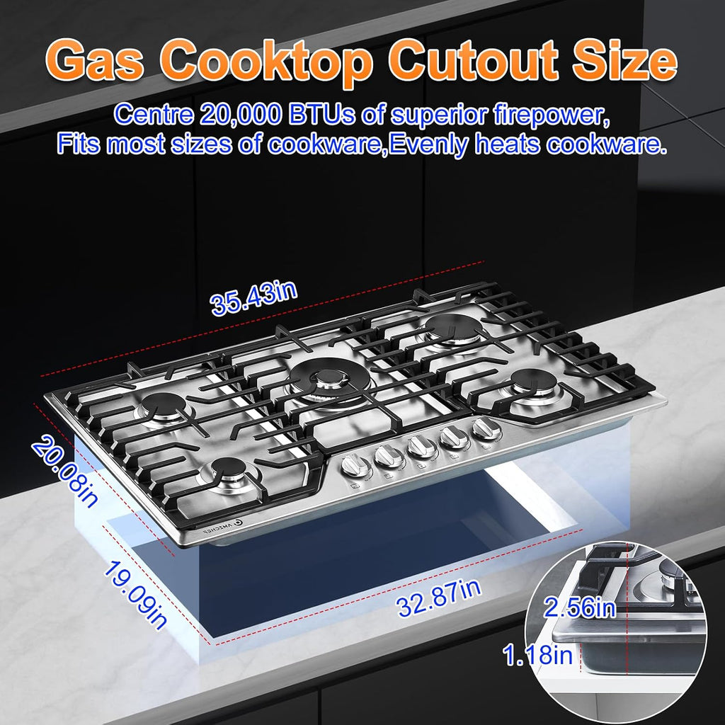 AMZCHEF 36 inch Gas Cooktop with 5 Made in Italy SABAF Power Burners.Max 48300 BTU/hr Built-in Gas Stove top of 304 Stainless steel with Double Sided griddle,NG/LPG Convertible,ETL.