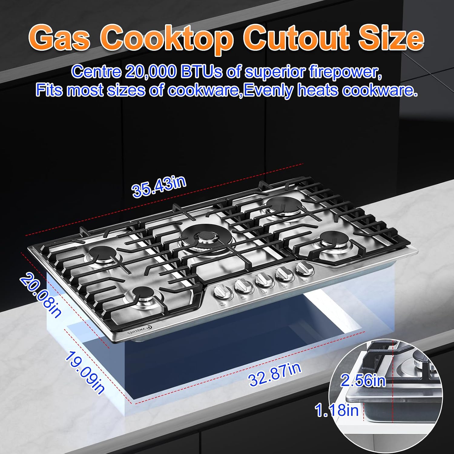 AMZCHEF 36 inch Gas Cooktop with 5 Made in Italy SABAF Power Burners.Max 48300 BTU/hr Built-in Gas Stove top of 304 Stainless steel with Double Sided griddle,NG/LPG Convertible,ETL.
