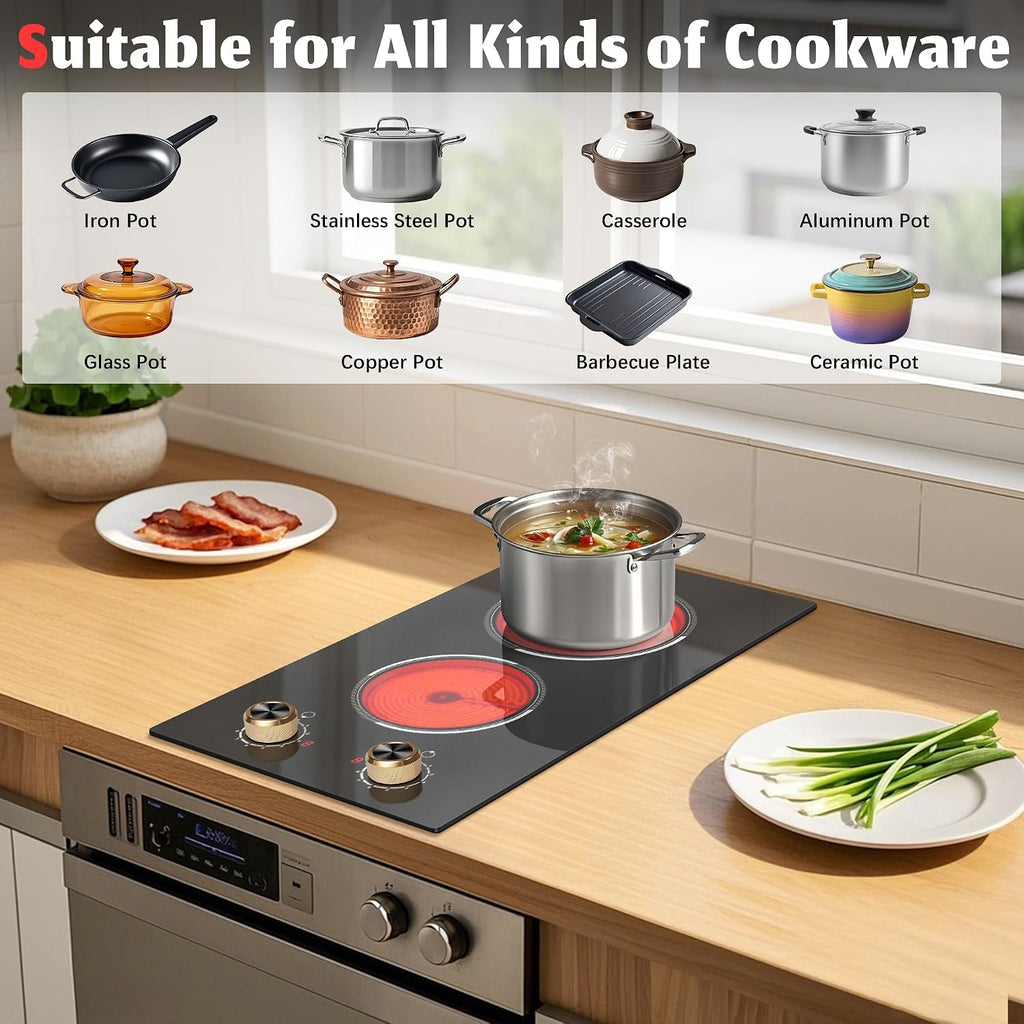 2 Burner Electric Cooktop, Built-in & Countertop Electric Stovetop 12 Inch, Ceramic Cook Top with Knob Control, 9 Power Levels Setting, Over-Temperature Protection, 110V - 120V Plug in