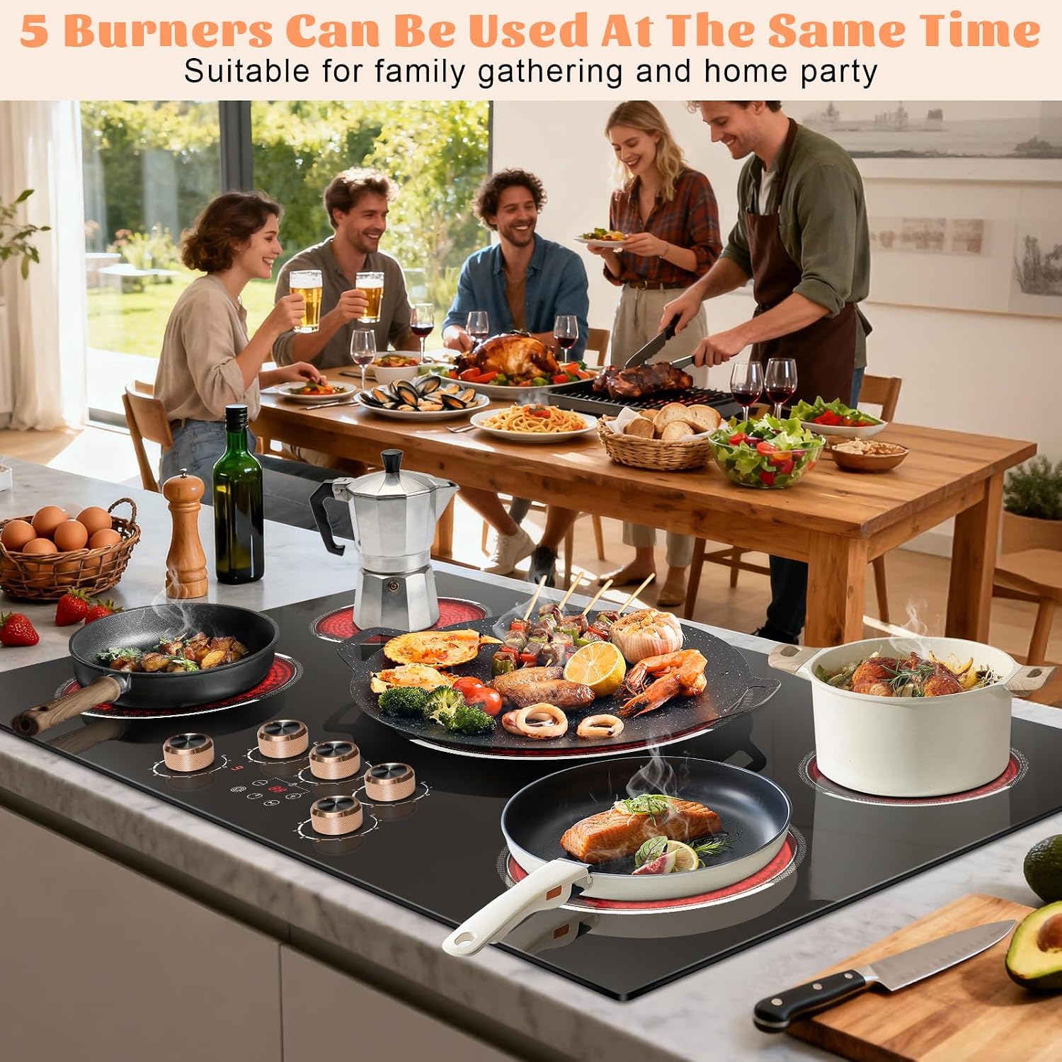 36 Inch Electric Cooktop 220V, 9200W Powerful 5 Burner Electric Stove Top, Built-in Ceramic Cooktop 36' with Dual/Triple Ring Burner, Knob & Touch Control, Safety Lock, 220-240V Hard Wire