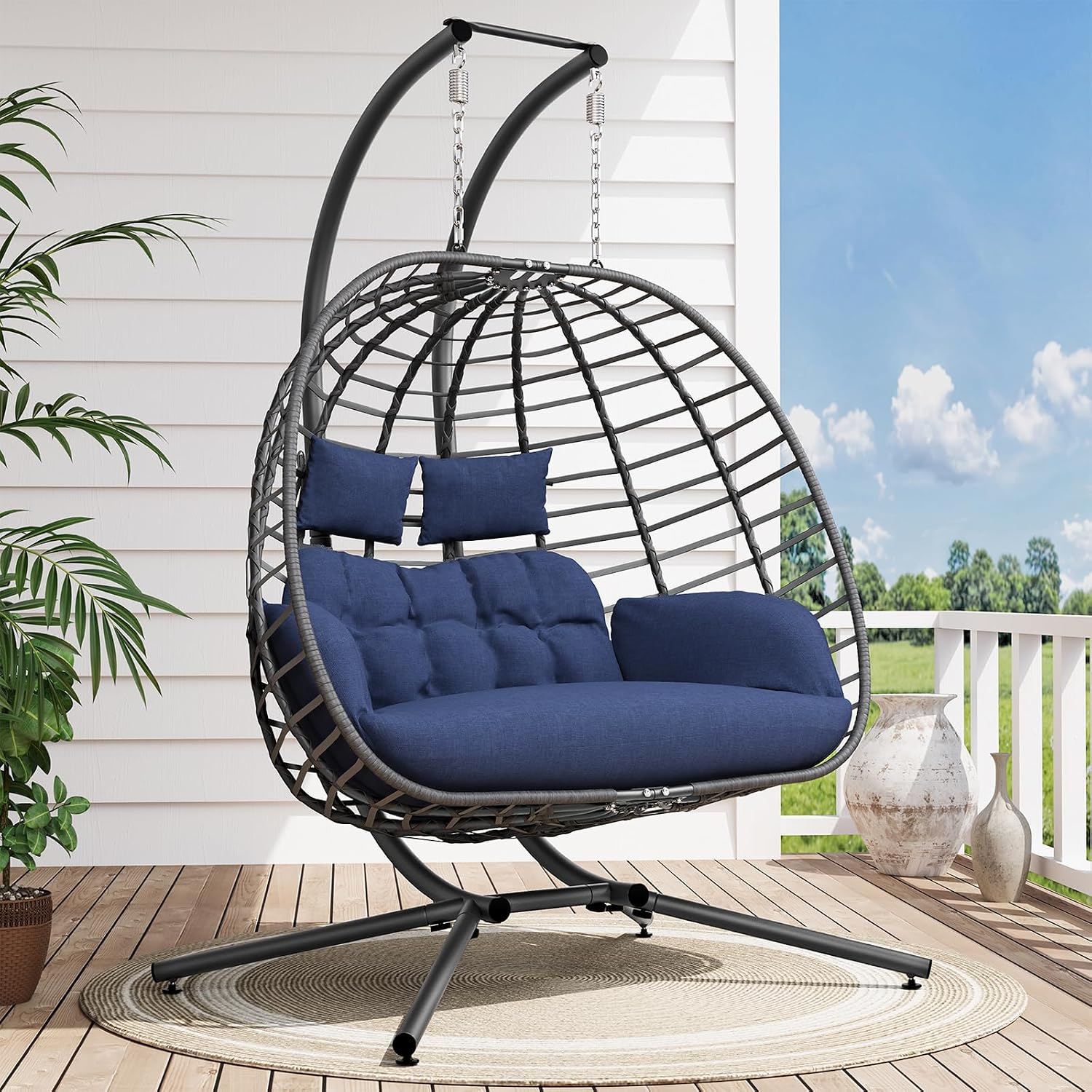 SWITTE Double Hanging Egg Chair with Stand, Outdoor Patio 2 Person Wicker Hammock Swing Chairs with Cushion for Indoor Bedroom, Lawn, Garden-Dark Blue
