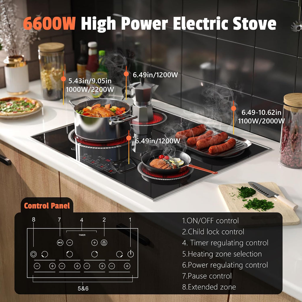 24 Inch Electric Cooktop 4 Burners, Pladeca 6600W Electric Stove Touch Control, 220-240V Built-in Radiant Stove Top with Safety Lock, Timer, Pause Control, Extended Zone, Hard Wire(No Plug)