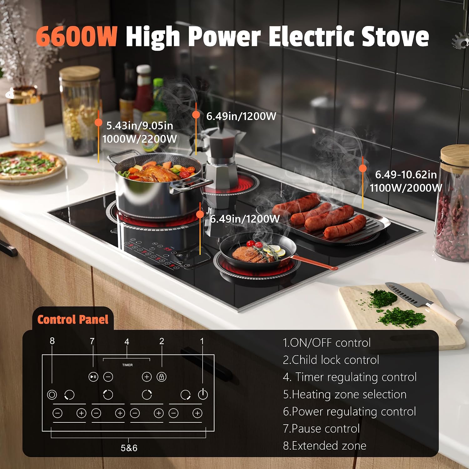 24 Inch Electric Cooktop 4 Burners, Pladeca 6600W Electric Stove Touch Control, 220-240V Built-in Radiant Stove Top with Safety Lock, Timer, Pause Control, Extended Zone, Hard Wire(No Plug)