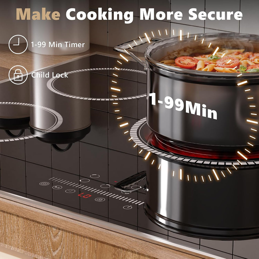 30 Inch Electric Cooktop, 5 Burner Electric Stove Top 6900W, 30' Built-In Ceramic Countertop with Metal Frame, Child Lock, Timer, Slide Control, 220-240V Hardwired (No Plug)