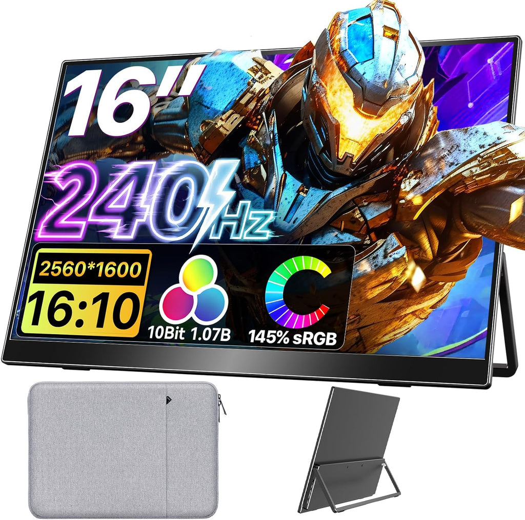 Upperizon Portable Monitor 16 inch 2K QHD 2560X1600 145% sRGB 240 Hz HDR HDMI USB-C Travel Monitor for Laptop MacBook PC Surface PS5 Xbox, External Display with Kickstand & Speakers, VESA Compatible