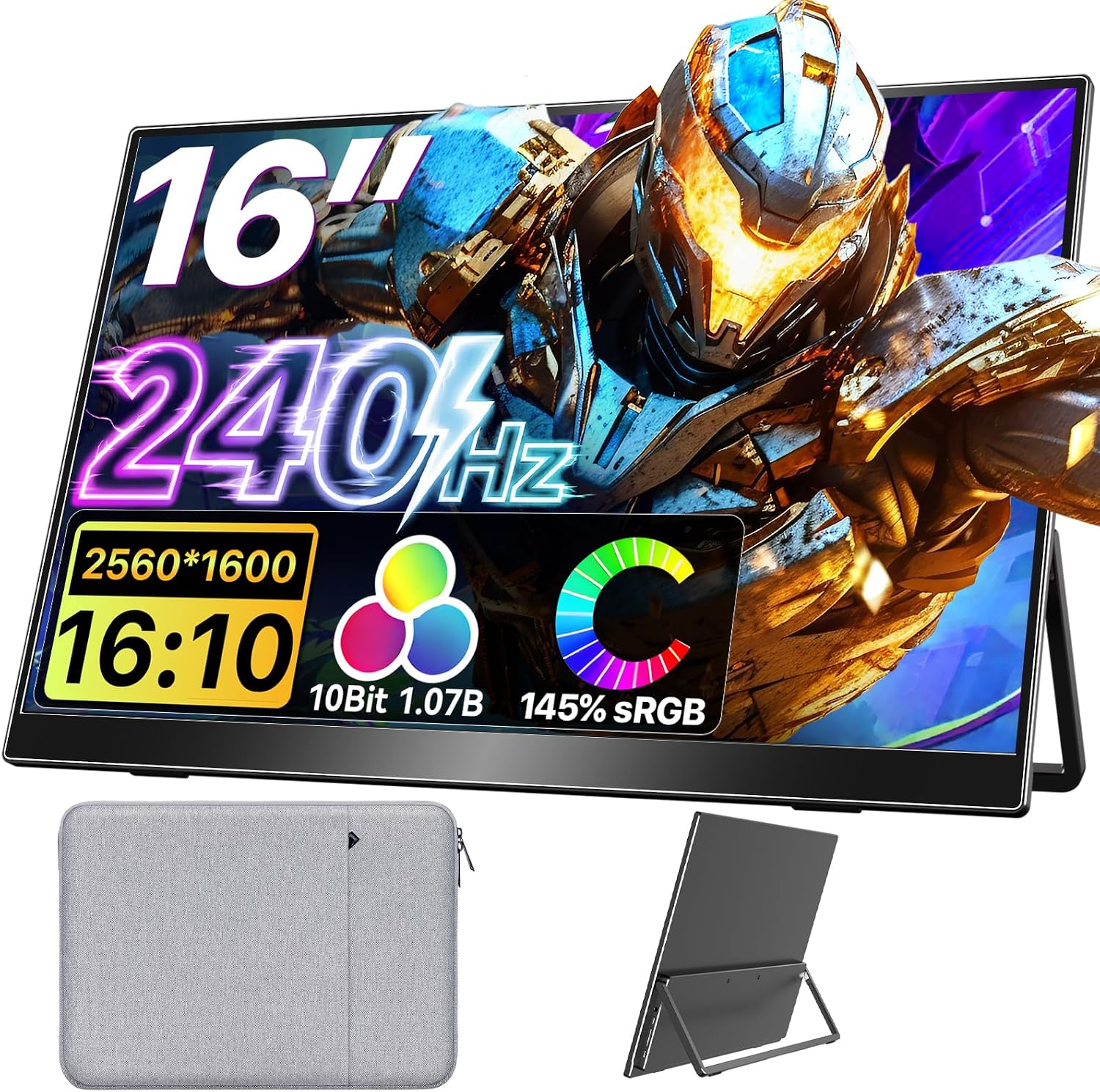 Upperizon Portable Monitor 16 inch 2K QHD 2560X1600 145% sRGB 240 Hz HDR HDMI USB-C Travel Monitor for Laptop MacBook PC Surface PS5 Xbox, External Display with Kickstand & Speakers, VESA Compatible