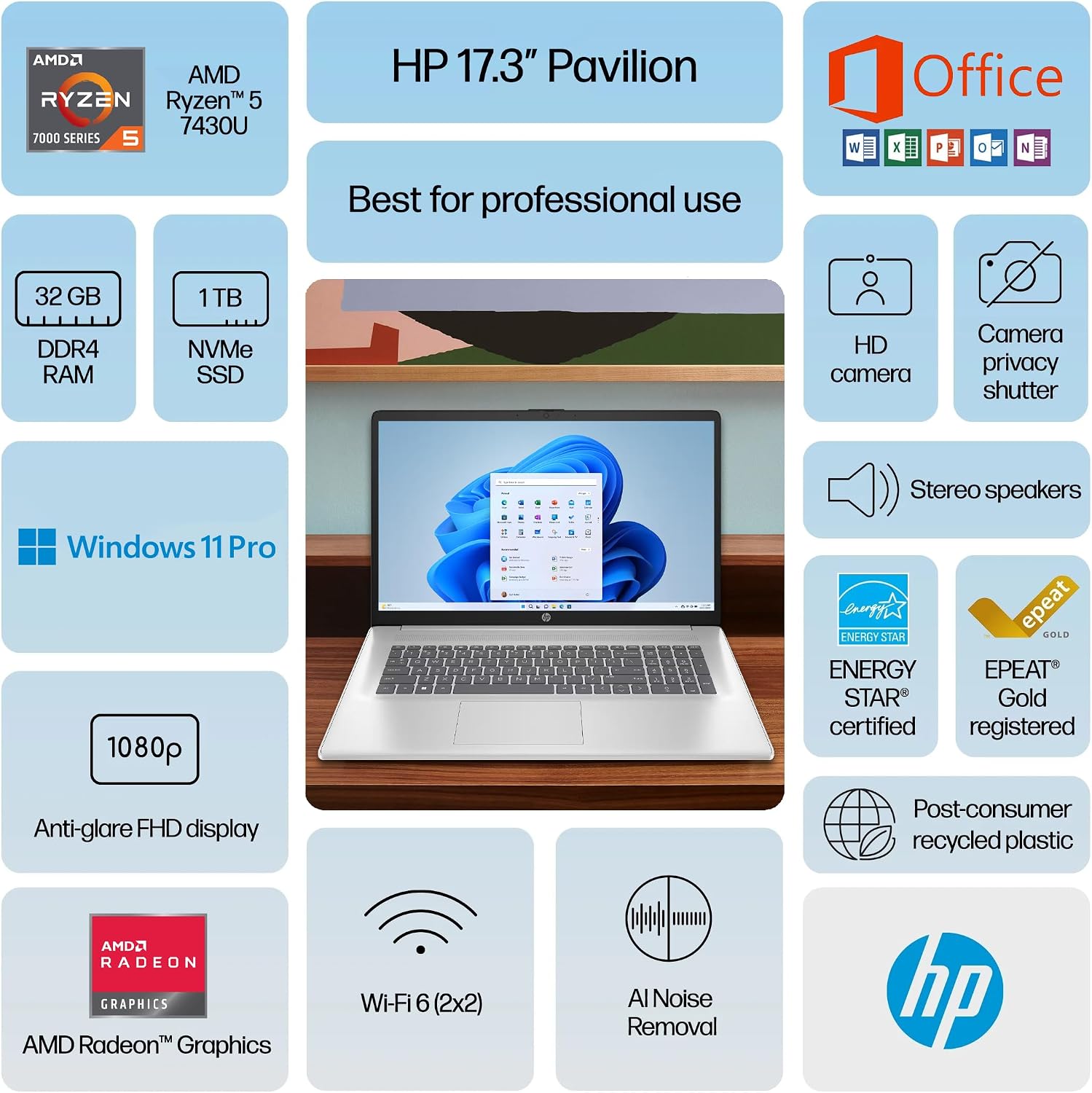 HP 17 Laptop Business, 17.3' FHD IPS Display, 32GB RAM, 1.5TB Storage (1TB SSD + 500GB Ext Drive), 6-Core AMD Ryzen 5 Processor, Lifetime Microsoft Office, Long Battery, MarxsolAccessory, Win 11 Pro