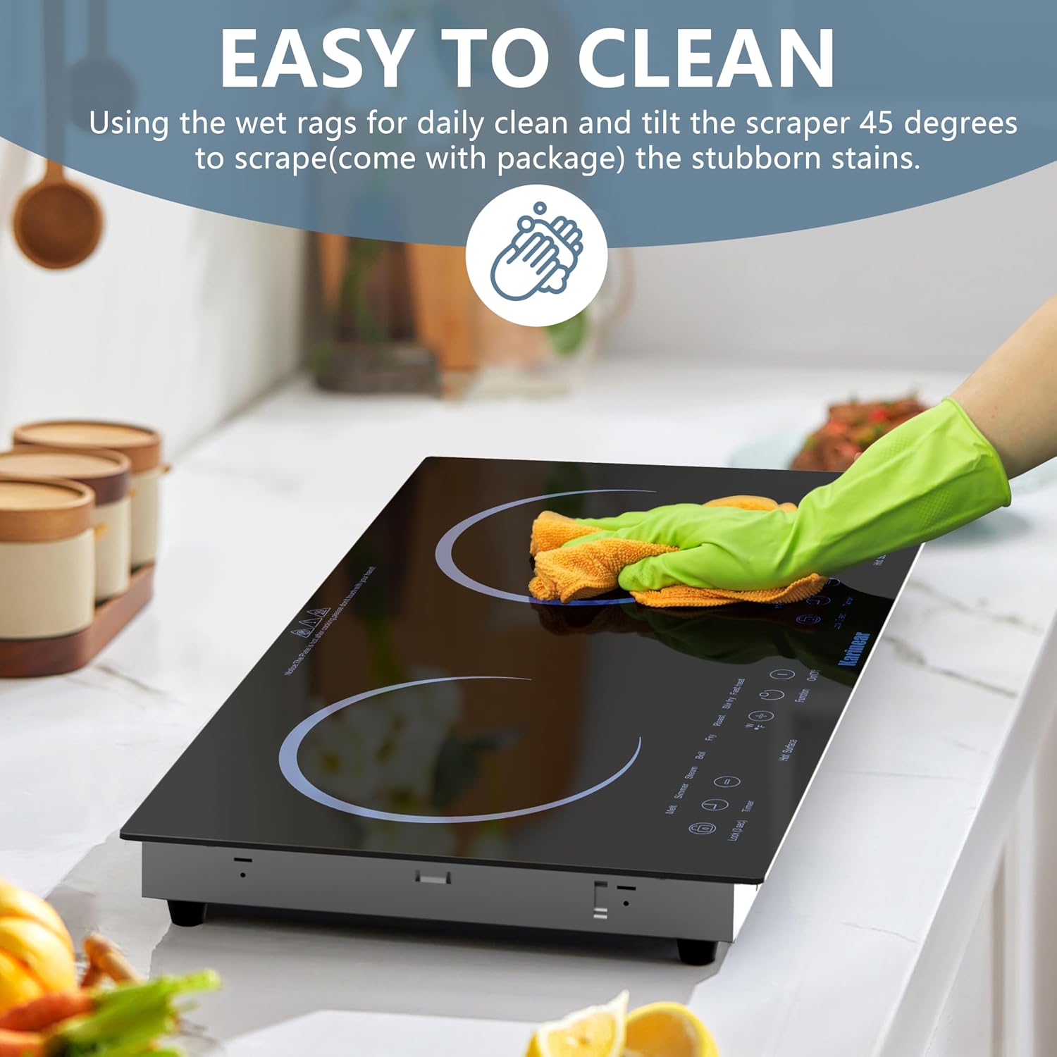 Karinear 2 Burners Electric Cooktop 24 Inch, 110v~120v Countertop and Built-in Elecric Stove Top, Portable Electric Radiant with Outlet Plug, Sensor Touch, Child Safety Lock, Timer(Blue)