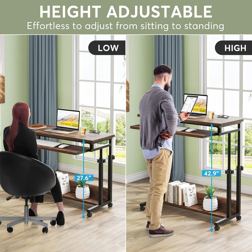 Tribesigns Portable Desk for Sofa and Bed, Height Adjustable Laptop Table Small Standing Desk Rolling Computer Cart with Keyboard Tray on Wheels for Home Office